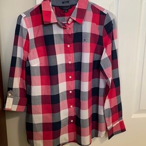 Tommy Hilfiger, medium, plaid button down with option roll up sleeve, pink, blue